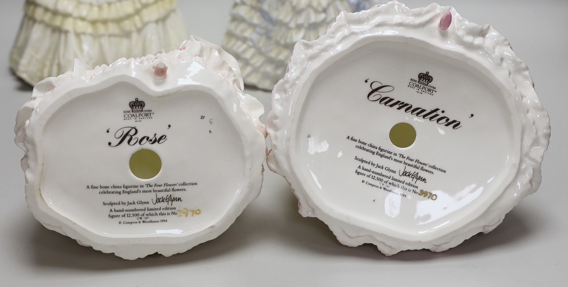 Four limited edition Coalport ladies ‘Iris 3970/12,500’, ‘Lily 3970/12,500’ ‘Rose 3970/12,500’ and ‘Carnation 3970/12,500’